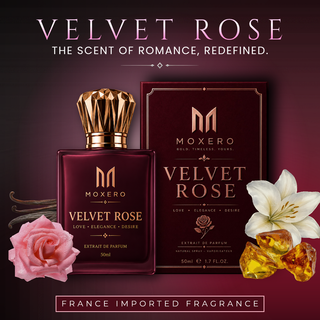 Velvet Rose by Moxero perfume bottle with rose petals, romantic fragrance
