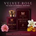 Velvet Rose by Moxero perfume bottle with rose petals, romantic fragrance