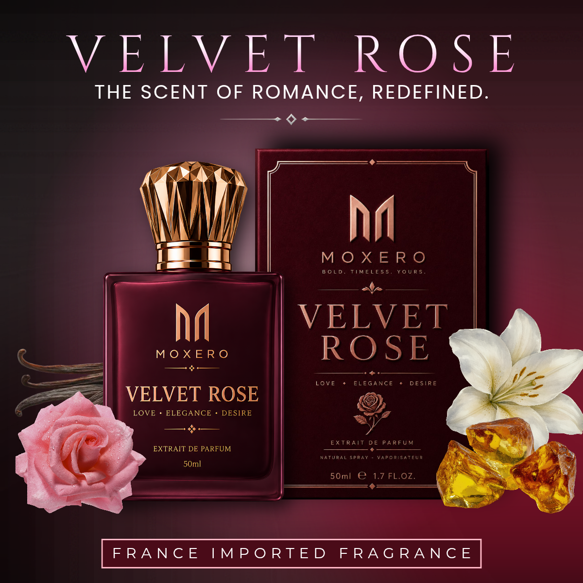 Velvet Rose by Moxero perfume bottle with rose petals, romantic fragrance