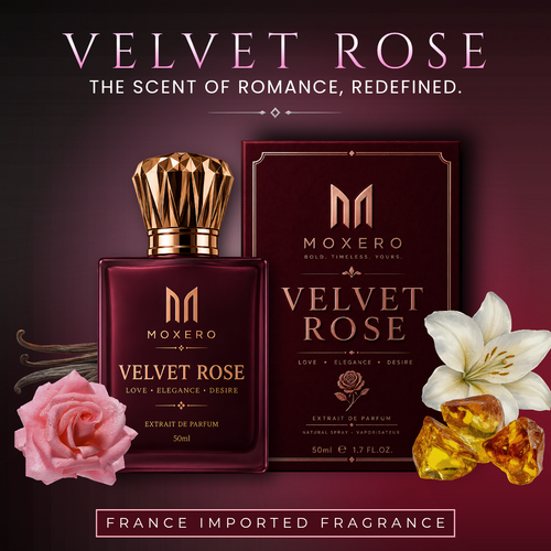 Velvet Rose by Moxero perfume bottle with rose petals, romantic fragrance