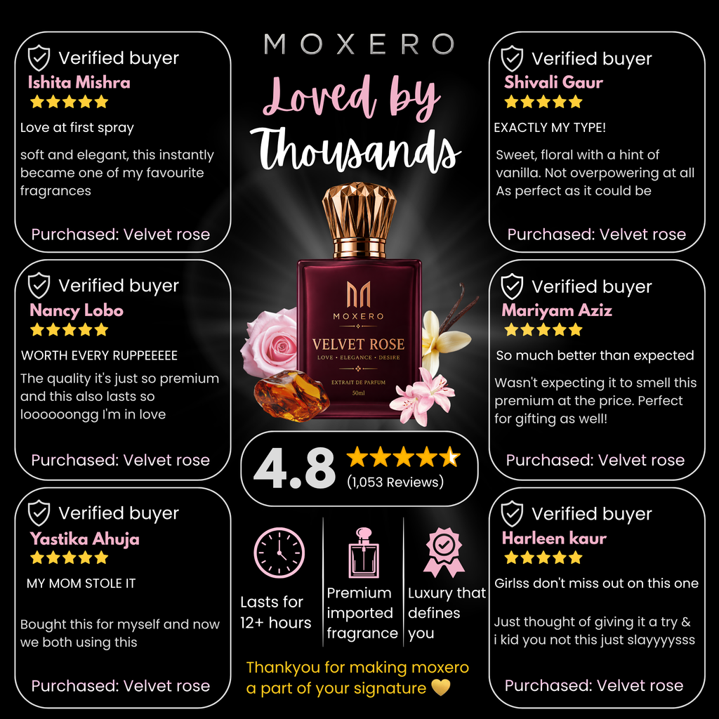 A promotional graphic for Moxero Velvet Rose fragrance, featuring a dark bottle with a gold cap and floral accents, surrounded by customer review cards on a black background.