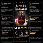 A promotional graphic for Moxero Velvet Rose fragrance, featuring a dark bottle with a gold cap and floral accents, surrounded by customer review cards on a black background.